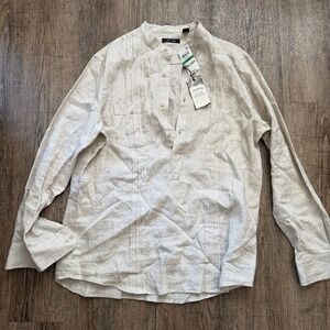 New Tasso Elba Guayabera Linen Blend Long Sleeve Shirt Men's Large Beige